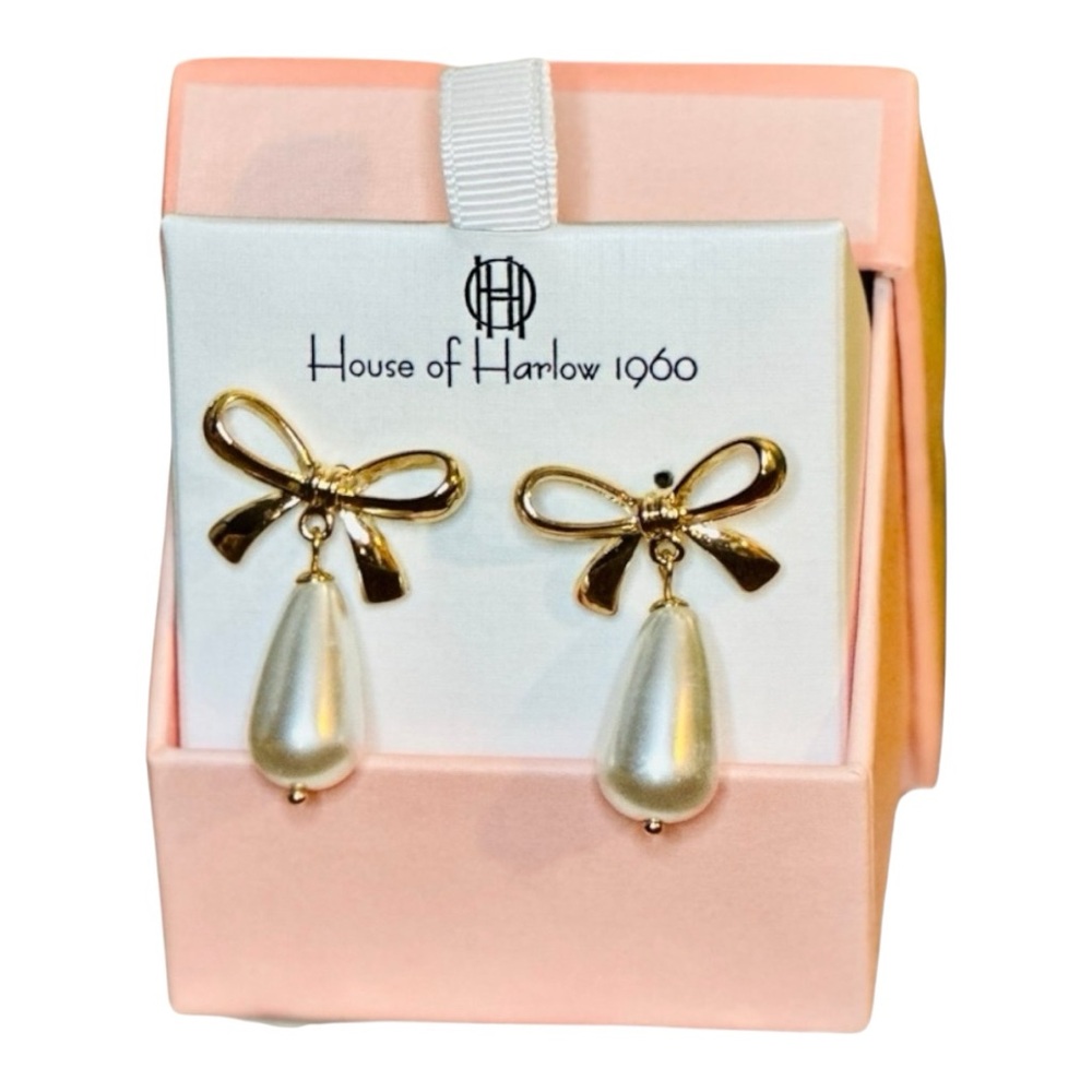 House Of Harlow 1960 Bow Glass Pearl Dangle Earrings Push Back - New In Box